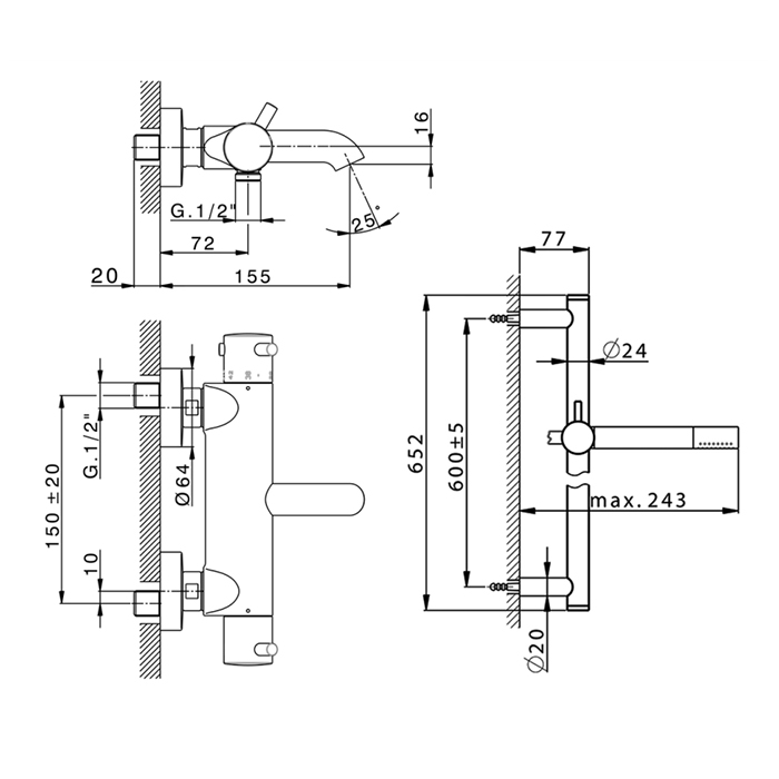 Cisal Less New Смеситель для ванны, настенный, термостатический, со штангой 60см, с ручным душем и шлангом 150см, цвет черный матовый