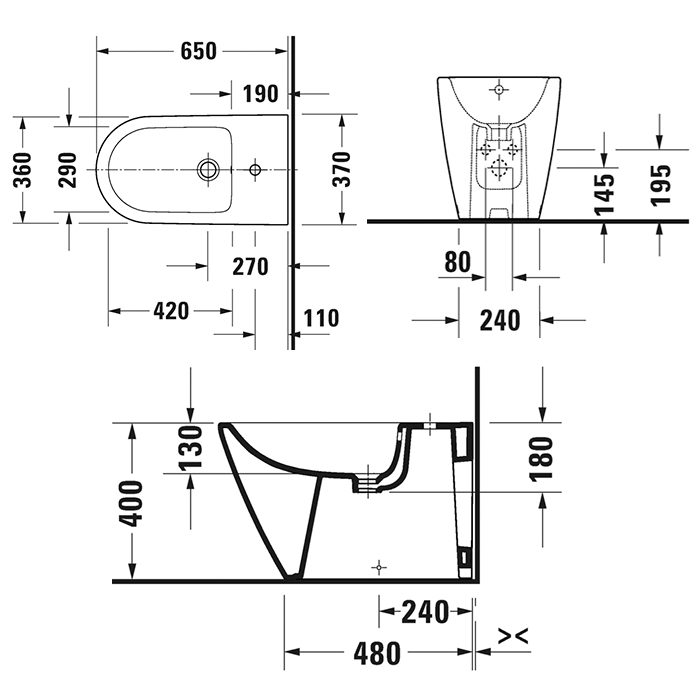 Duravit D-Neo Биде напольное 37x65х40 см, с переливом, с 1 отв., WonderGliss, цвет: белый