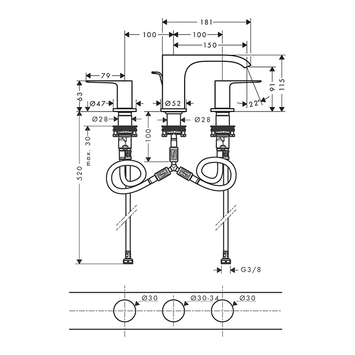 Hansgrohe Vivenis Смеситель для раковины, на 3 отв., с донным клапаном, цвет: хром