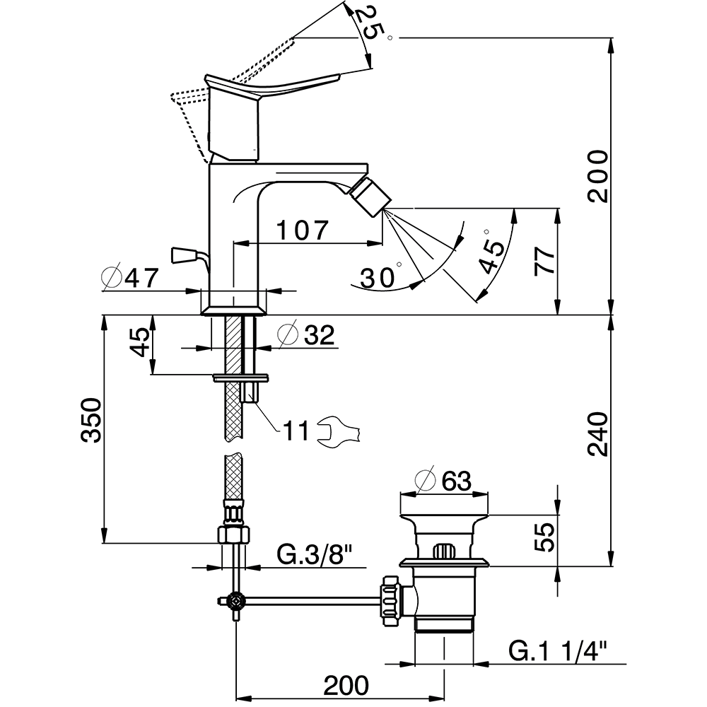HUBER Harlock Смеситель однорычажный для биде на 1 отверстие с донным клапаном, цвет:  хром/черный матовый, 