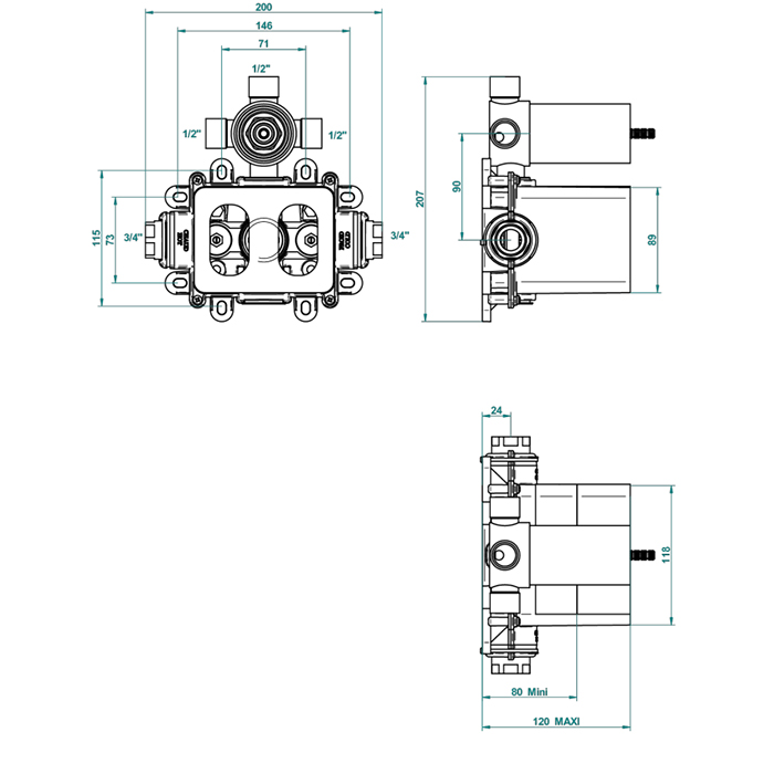 THG Термостат  3/4" - 60 л/мин с восковым картриджем и коробкой для встраивания, для трёх потребителей