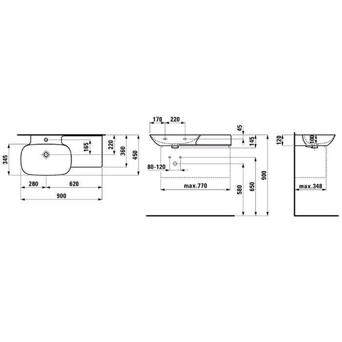 Laufen INO Раковина 90х45х12см., накладная, 1 отв., полка справа, цвет: белый глянец