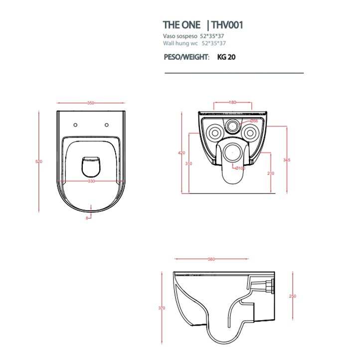 Artceram THE ONE Унитаз подвесной безободковый , 52х35см, с креплениями, цвет: rosso corallo