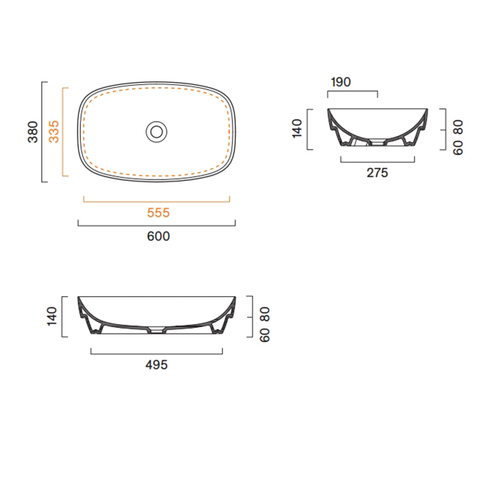 Catalano Alvea Раковина 60x38см встраиваемая, без отв., цвет: Tortora Satinato