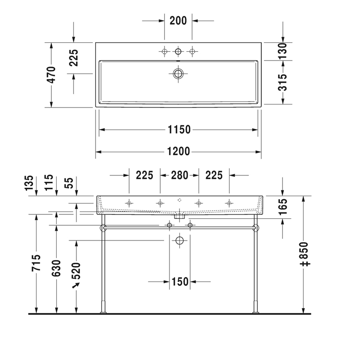 Duravit Vero Air Раковина 120х47см., подвесная, c 2 отв., с переливом, шлифованная, цвет: белый