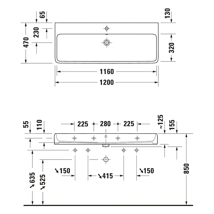 Duravit Qatego Раковина 120х47х12.5см., накладная/подвесная, 1 отв., цвет: белый