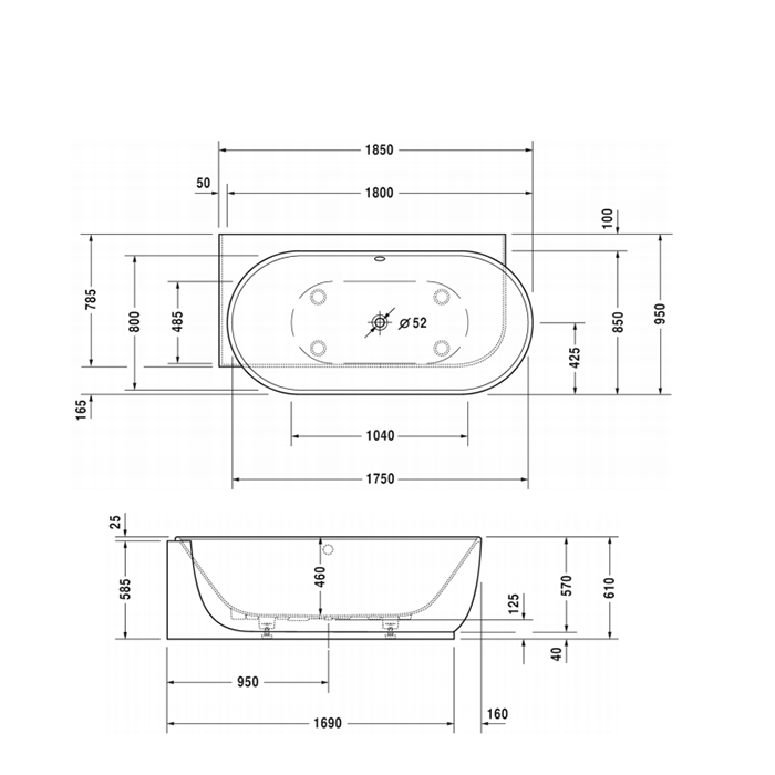 Duravit Luv Ванна пристенная 185x95см, из минерального литья, угол слева, с панелью и ножками, цвет: белый