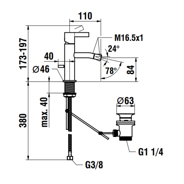 Laufen Kartell Смеситель для биде, на 1 отв, с донным клапаном, излив 110 мм, цвет: хром
