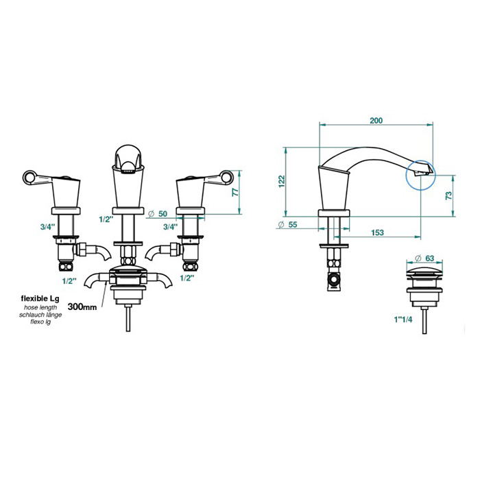 THG Bagatelle pierre noire Смеситель для раковины на 3 отверстия, с донным клапаном, ручки черные, цвет: полированное золото