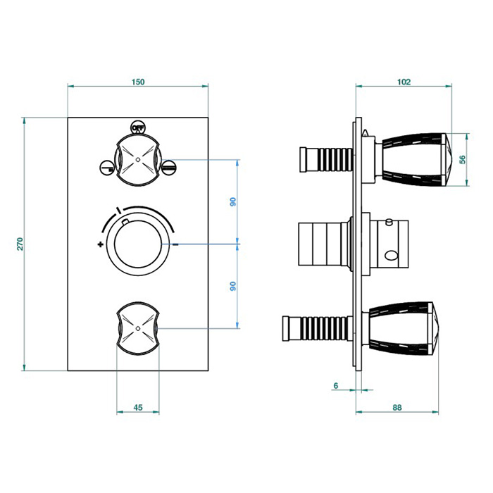THG Infini white porcelain with platinum decor Смеситель для душа встраиваемый, термостатический, с запорным вент и переключ на 2 потока, внешн часть, цвет хром