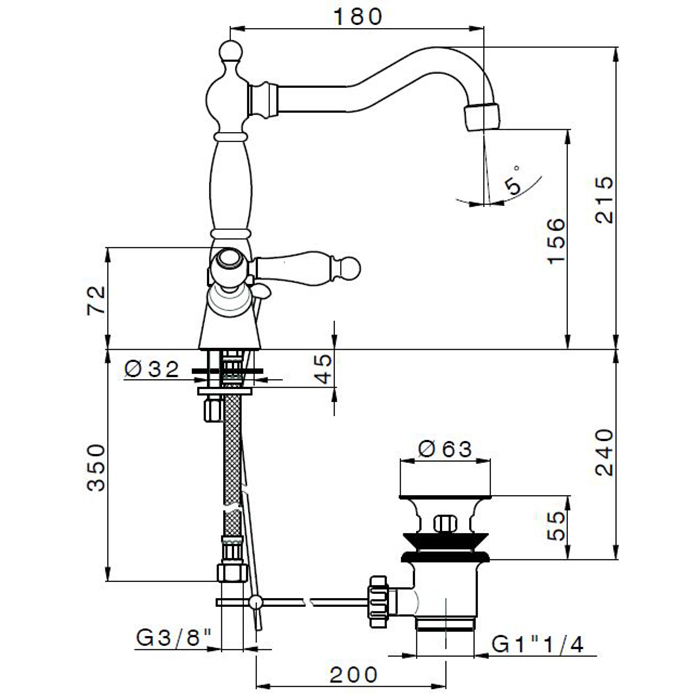 CISAL Arcana Toscana Смеситель двухвентильный для раковины на 1 отв. с донным клапаном, цвет: хром 