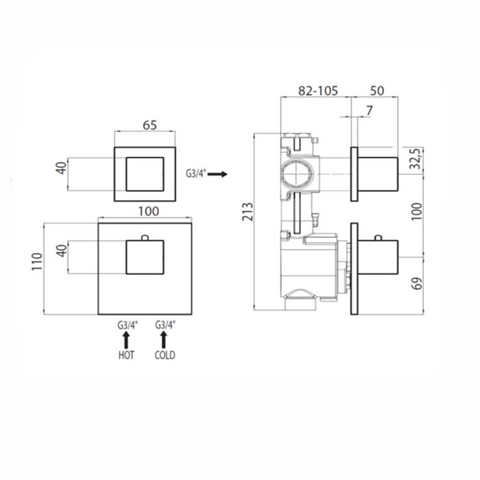 Bossini Oki Термостат для душа, встраиваемый, с девиаторм/запорным вентилем на 1 или 2 выхода, уст-ка верт/гор., цвет: хром