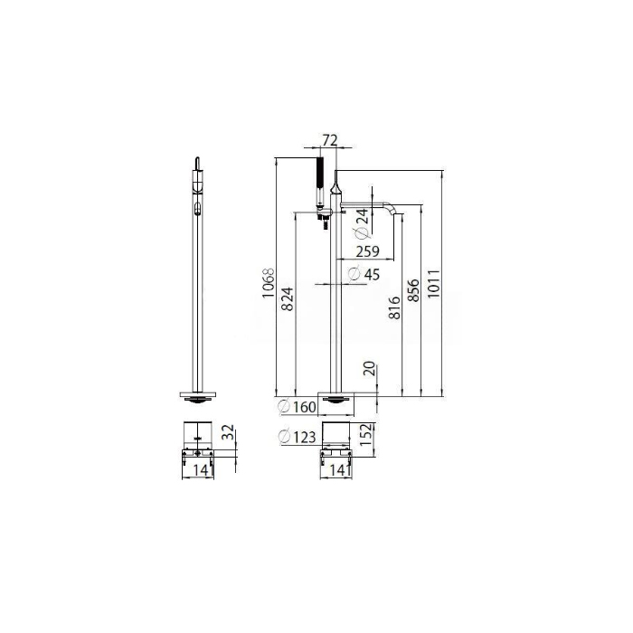 Bossini Apice Смеситель для ванны, напольный, с ручным душем, цвет: хром