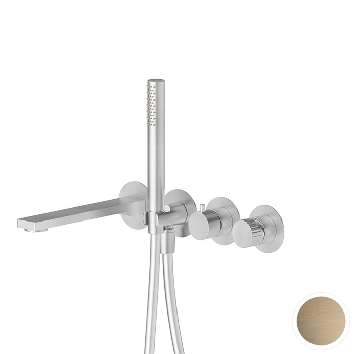 Newform Steel Line Смеситель для ванны, настенный, с ручным душем, цвет: pvd brushed pale gold