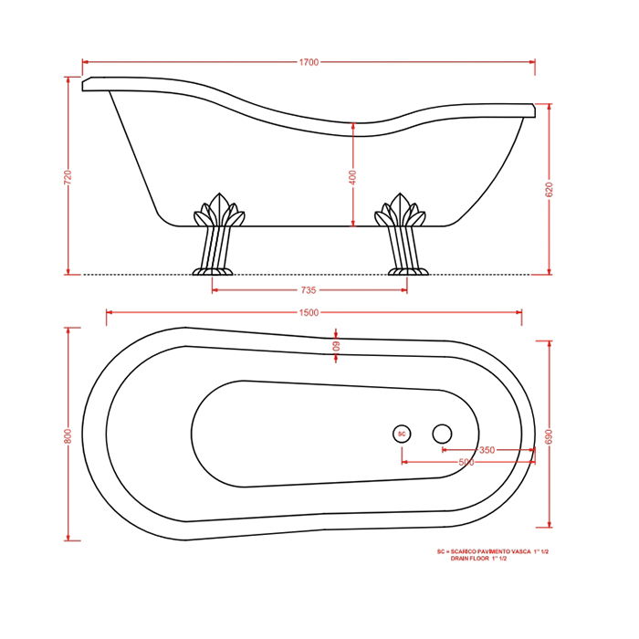Artceram HERMITAGE Ванна отдельностоящая, 170x80x72см., на лапах, со слив-переливом и сифоном в компл. цвет: ванны белый, ножки хром