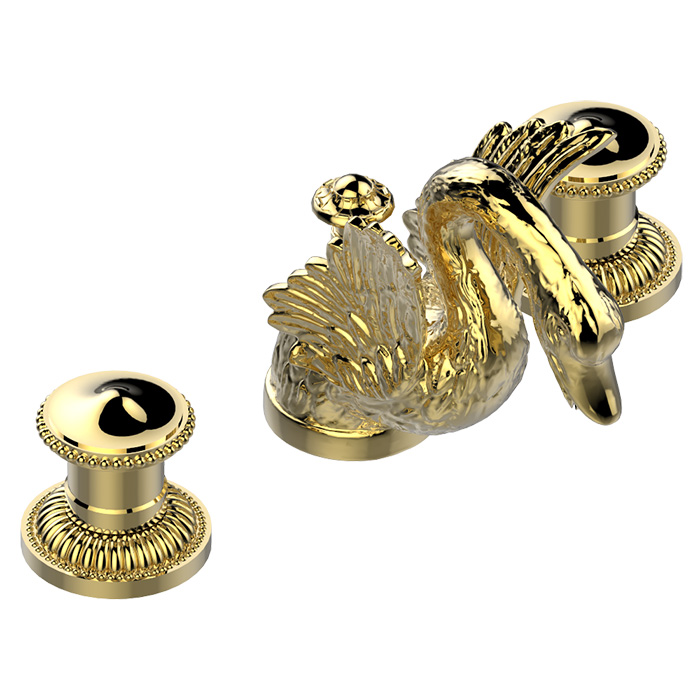 THG Cygne Смеситель для раковины на 3 отверстия, низкий излив, с донным клапаном, цвет: полированное золото