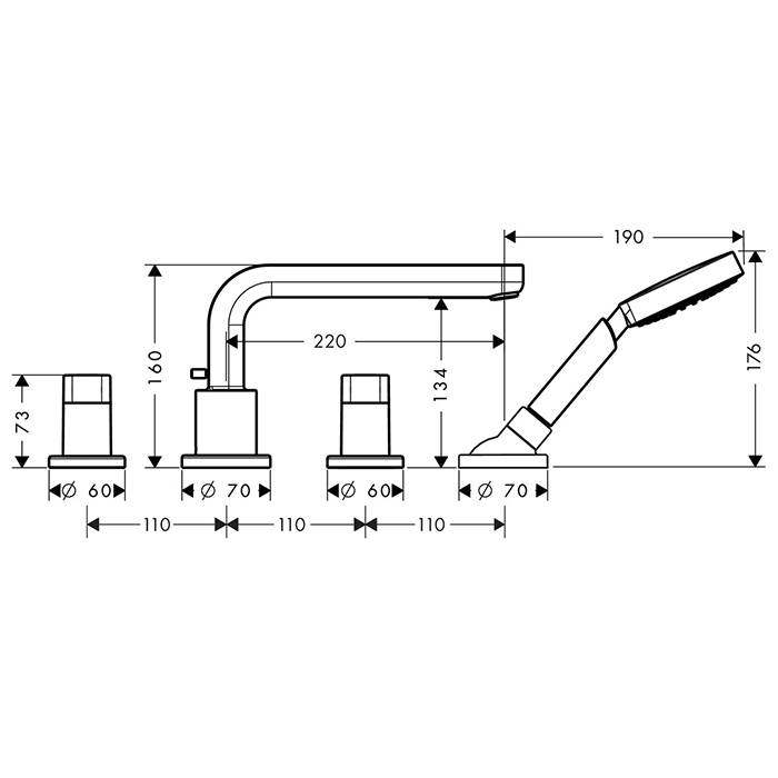 Hansgrohe Metris S Смеситель на борт ванны, на 4 отв., цвет: хром