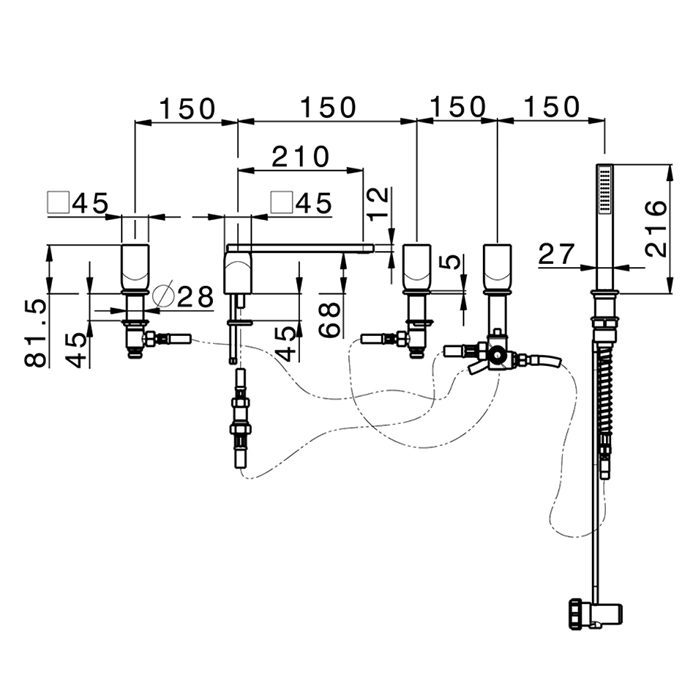 Cisal Hi-Rise Смеситель на борт ванны, на 5 отв., с изливом и ручным душем, цвет: хром