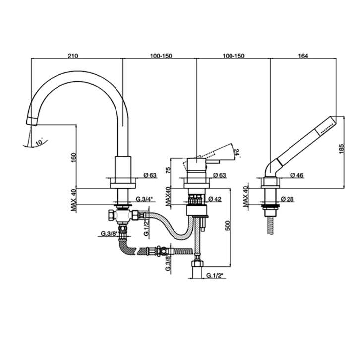 Cisal Less New Смеситель на борт ванны на 3 отв. с ручной лейкой, цвет: черный матовый
