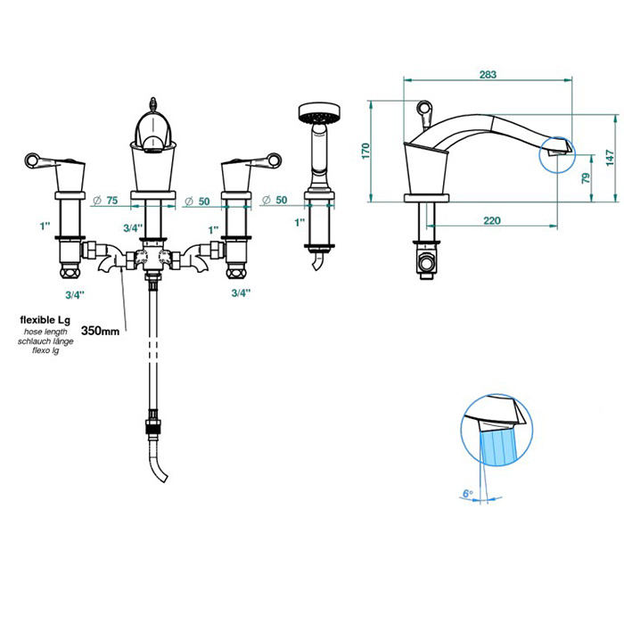 THG BAGATELLE PIERRE NOIRE MANETTES Смеситель для для установки на борт ванны на 4 отверстия, с ручным душем, ручки черные, цвет: полированное золото