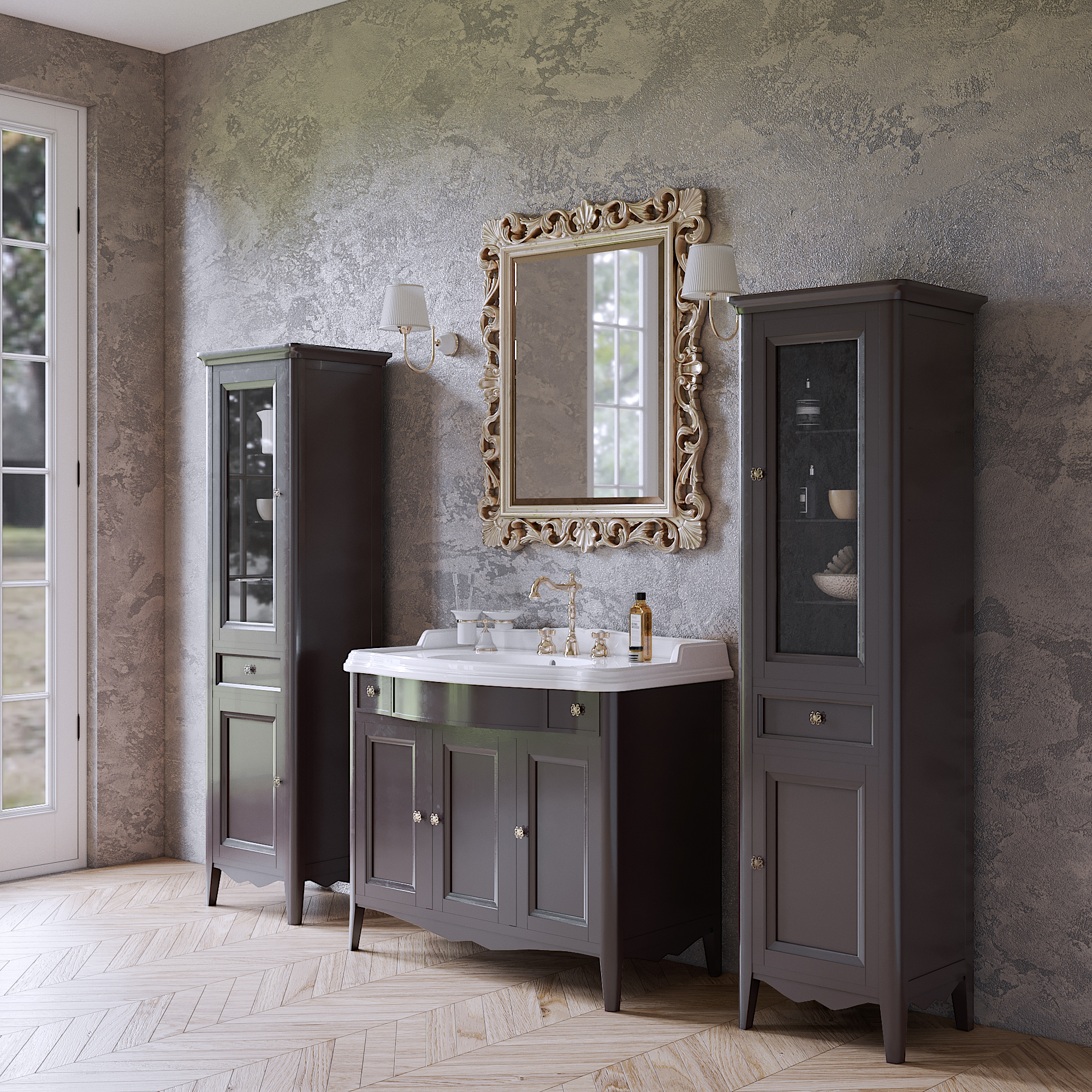 TW Veronica, База с раковиной Simas AR874bi*1 105x56см, с 1отв.,  2 верх.ящ. 3 распашные дверки, доводч. Blum, ручки: Riflesso бронза, напольный, цвет: GRIGIO