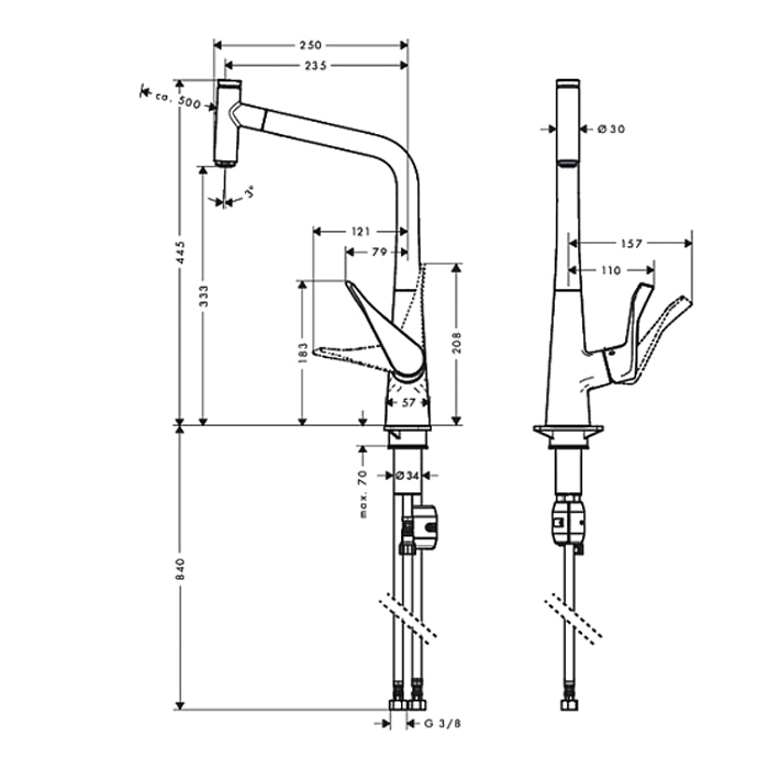 Hansgrohe Metris Select M71 Смеситель  для кухни на 1 отв, поворотный и выдвижной излив 1jet, кнопка вкл/выкл воды, цвет: хром