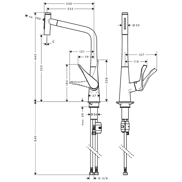 Hansgrohe Metris Select M71 Смеситель для кухни, на 1 отв, поворотный излив: 23.5см с вытяжным душем, 2jet, h: 33.3см, sBox, цвет: хром