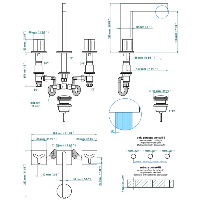 THG ICON-X METAL Смеситель для раковины, 3 отв., с донным клапаном, цвет: хром