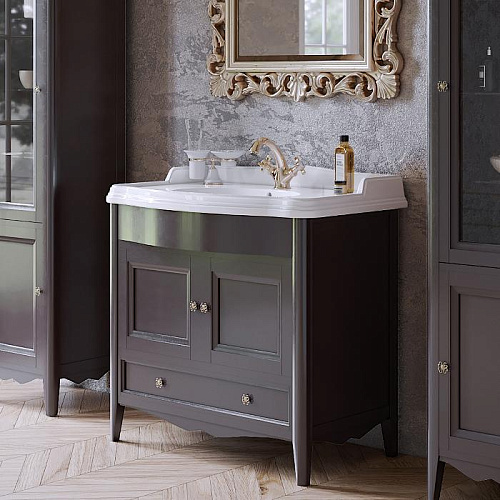 TW Veronica, База с раковиной Simas AR864bi*1 90x56см, с 1отв., 2 распашные дверки+1 выдв.ящик,  доводч. Blum, ручки: Riflesso бронза, напольная, цвет: GRIDGIO