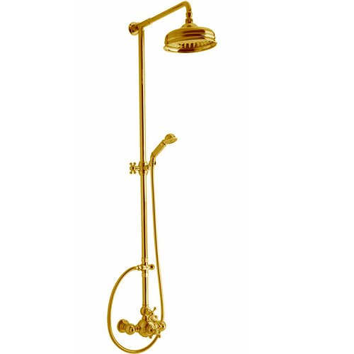 CISAL Arcana Ceramic Душевой комплект: термостатический смеситель, стойка с верхним душем, лейка+шланг, цвет: золото