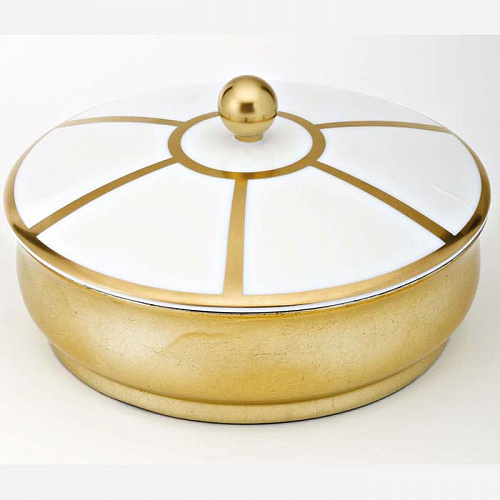 THG ITHAQUE DECOR OR Китайская лакированная коробка с белой керамической крышкой Ø180 мм., big size, декор золото, цвет: золото