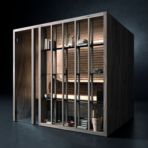 Effegibi Yoku H Shelf Хаммам 174x170х214см, угловая Sx, цвет: осина термообработанная/Calacatta Gold Extra