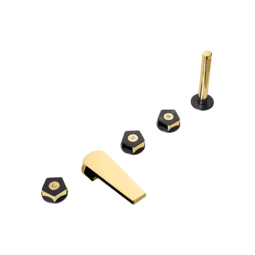 Newform ParkLE Смеситель на борт ванны, 5 отв., с ручным душем, цвет: PVD glossy gold/черный матовый