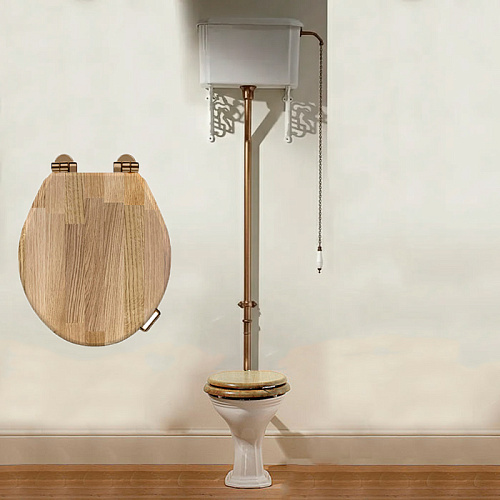 Devon&Devon Oxford Унитаз напольный 46х36см, с высокой трубой, сиденье светлый дуб, фурнитура бронза, цвет: белый