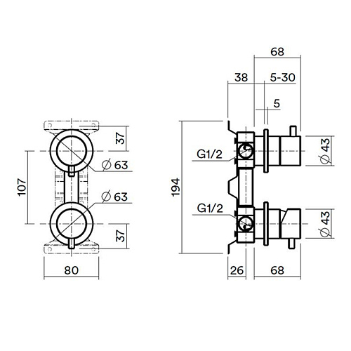 QuadroDesign Встраиваемая часть настенного смесителя на 2 потока, цвет: Light Gold PVD