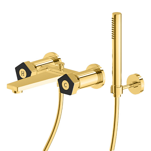 Newform ParkLE Смеситель для ванны, настенный, с держателем для душа, ручным душем и шлангом, цвет: PVD glossy gold/черный матовый