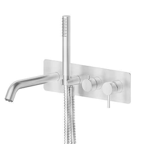 Newform X-STEEL 316 Смеситель для ванны, встраиваемый, с ручным душем, излив 23.1см, цвет: нержавеющая сталь