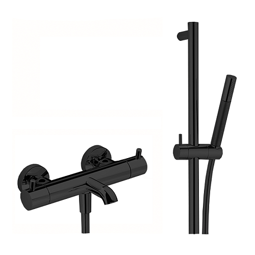 Cisal Less New Смеситель для ванны, настенный, термостатический, со штангой 60см, с ручным душем и шлангом 150см, цвет черный матовый