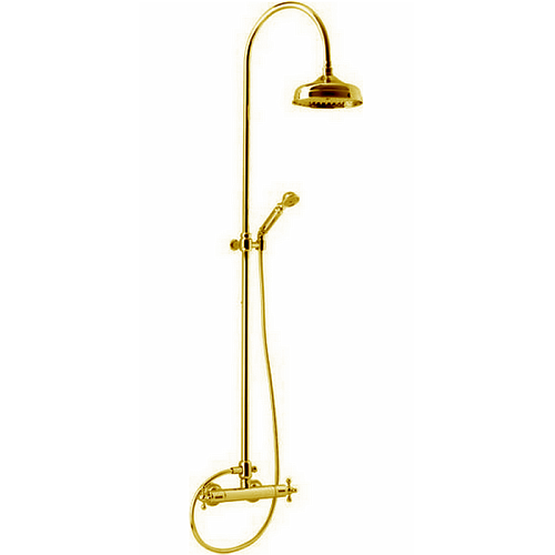 CISAL Arcana Душевой комплект: термостатический смеситель, стойка с верхним душем, лейка+шланг, цвет: золото