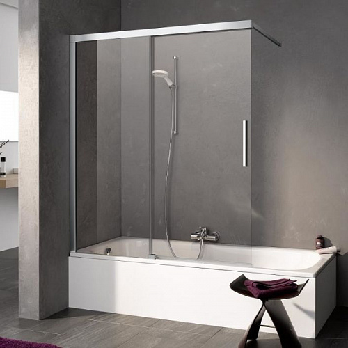 Kermi NICA Шторка на ванну с раздвижной дверью H2L 117.5-120х150см., глянцевое серебро, прозрачное стекло с Krmiclean