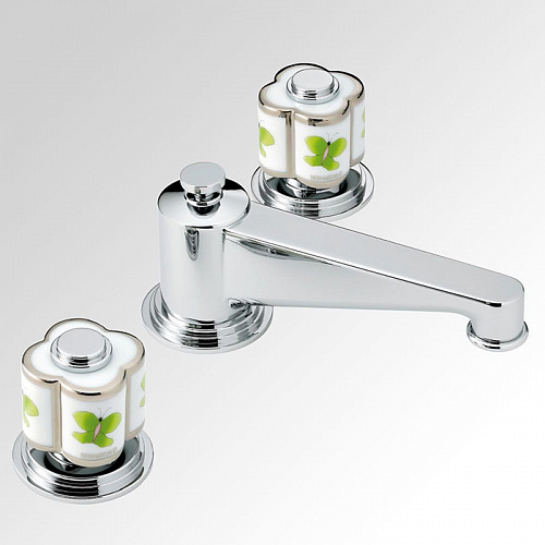 THG CAPUCINE VERT DECOR PLATINE Смеситель для раковины на 3 отверстия, с донным клапаном, декор платина/зеленый, цвет: хром