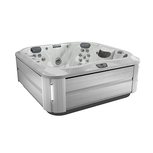 Jacuzzi J355 Минибассейн 214х214х94см, отдельностоящий, каскад, посветка, нагреватель, массажный подголовник, панель Brushed gray, цвет акрила: Platinum