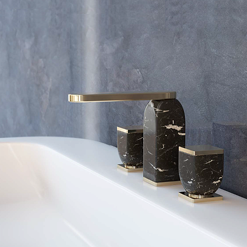 Cisal Hi-Rise Смеситель для раковины, на 3 отв., в комплекте с донным клапаном Click-Clack, цвет: мрамор NeroMarquinia/Oro24K