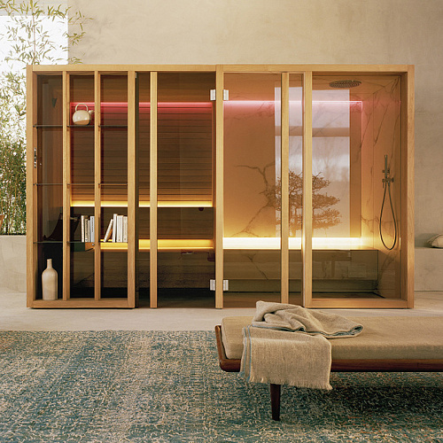 Effegibi Yoku SH Glass Сауна&Хаммам 342x170х214см, в нишу, цвет: чёрный орех/Calacatta Gold Extra