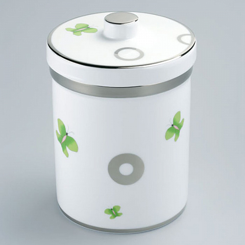 THG CAPUCINE VERT DECOR PLATINE Банка керамическая с крышкой, настольная, декор платина/зеленый, цвет: белый