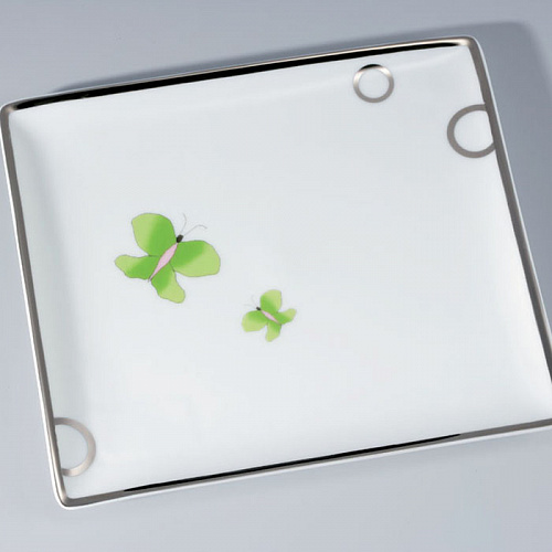 THG CAPUCINE VERT DECOR PLATINE Поднос керамический 220х198 мм., настольный, large size, декор платина/зеленый, цвет: белый