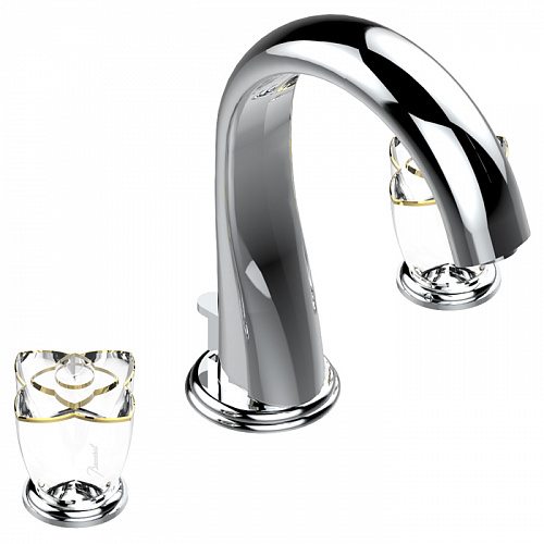 THG Petale de Cristal clair lisere dore Смеситель для раковины, 3 отв., цвет: хром/прозрачный хрусталь с золотым декором