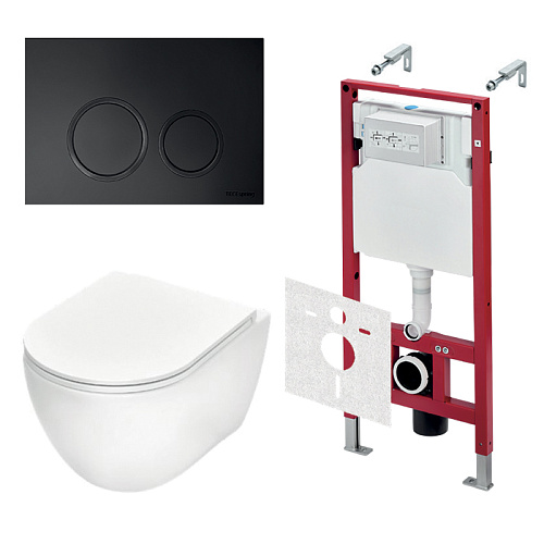 TECEspring Base Комплект: унитаз модель R, инсталяция, панель смыва R с круглыми кнопками, цвет: белый / черный матовый