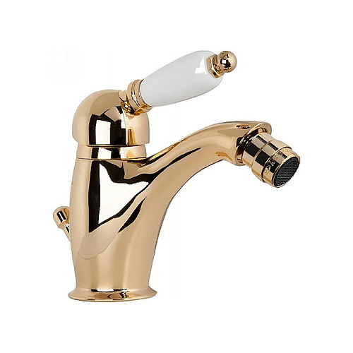 Gattoni Orta Смеситель для биде с низким изливом, с белой ручкой, с донным клапаном, цвет: золото 24кт