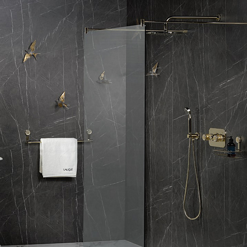 THG Hirondelles Gold Stamped Душевой комплект: термостатический смеситель, ручной душ, верхний душ Ø30см, держатель с подводом воды и шланг 1500 мм, цвет: Soft gold